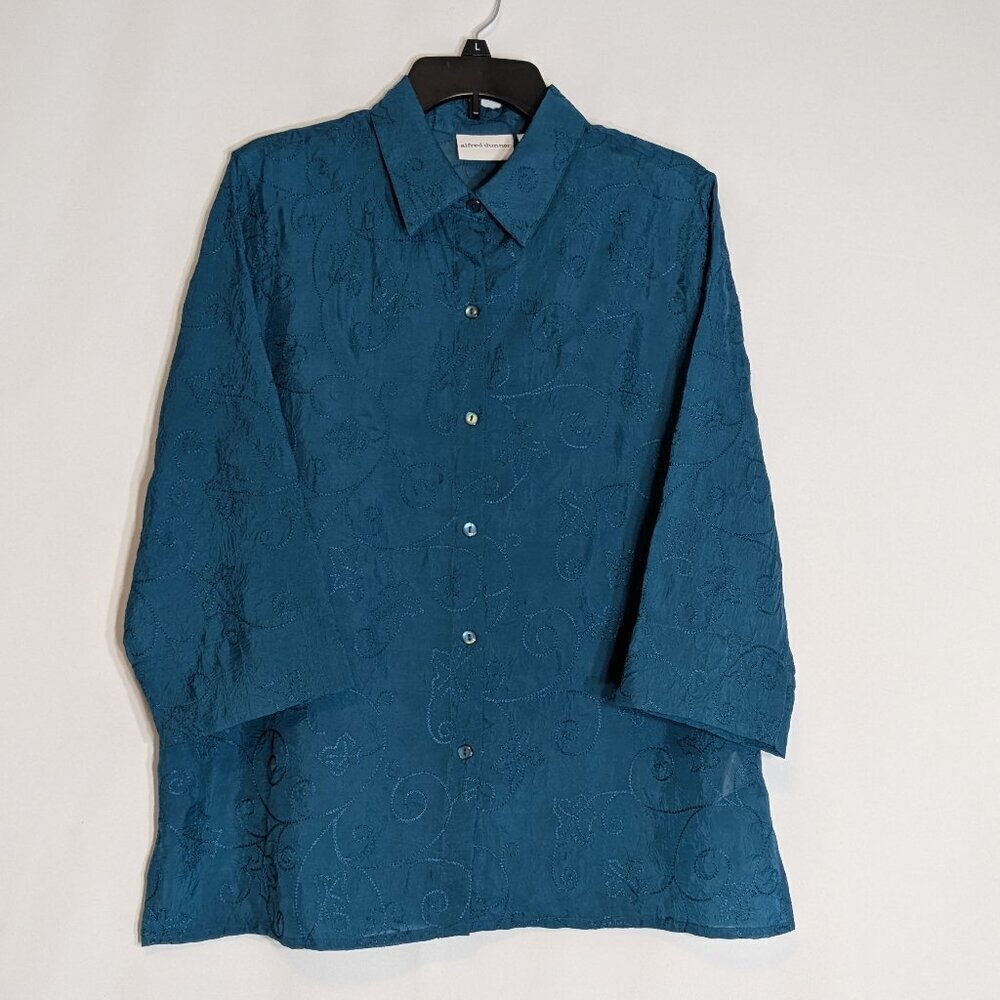 ALFRED DUNNER Teal Blue Embroidered Sheer Chiffon 3/4 Sleeve Blouse; Size 14